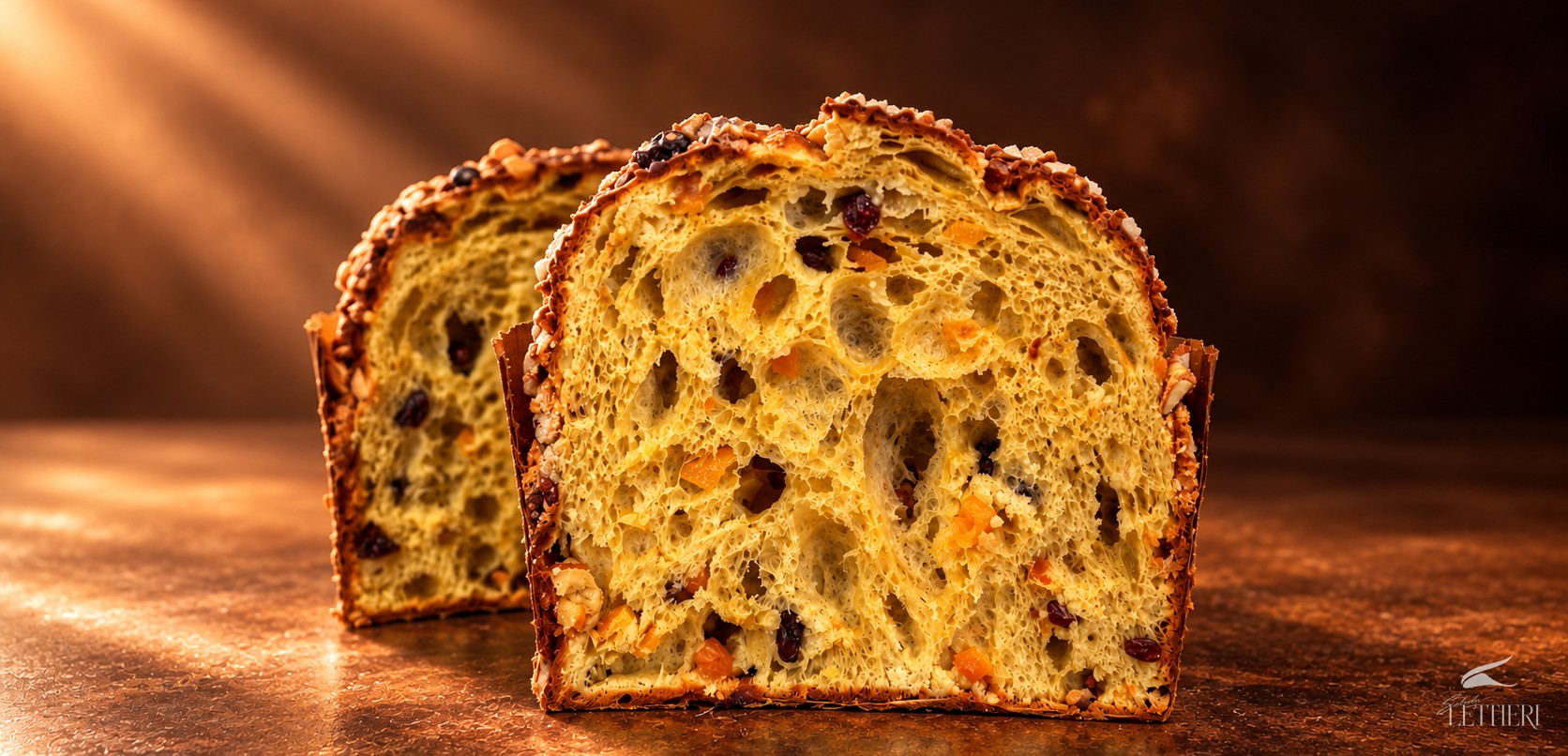 Panetone de fermentação natural cortado, mostrando o miolo