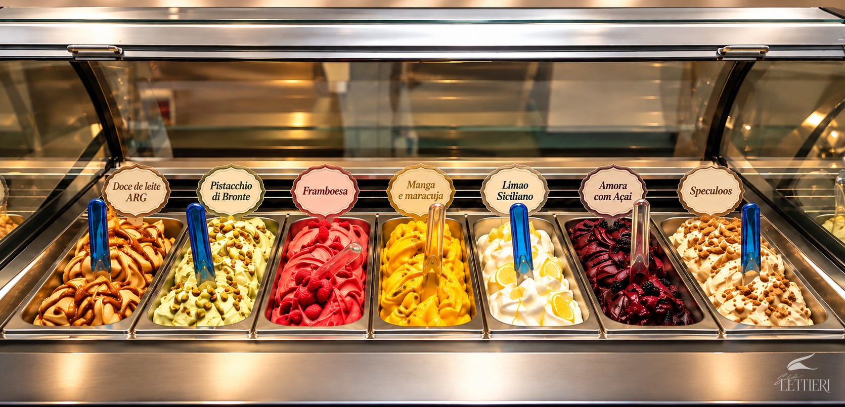 Vitrine de gelato com sete sabores